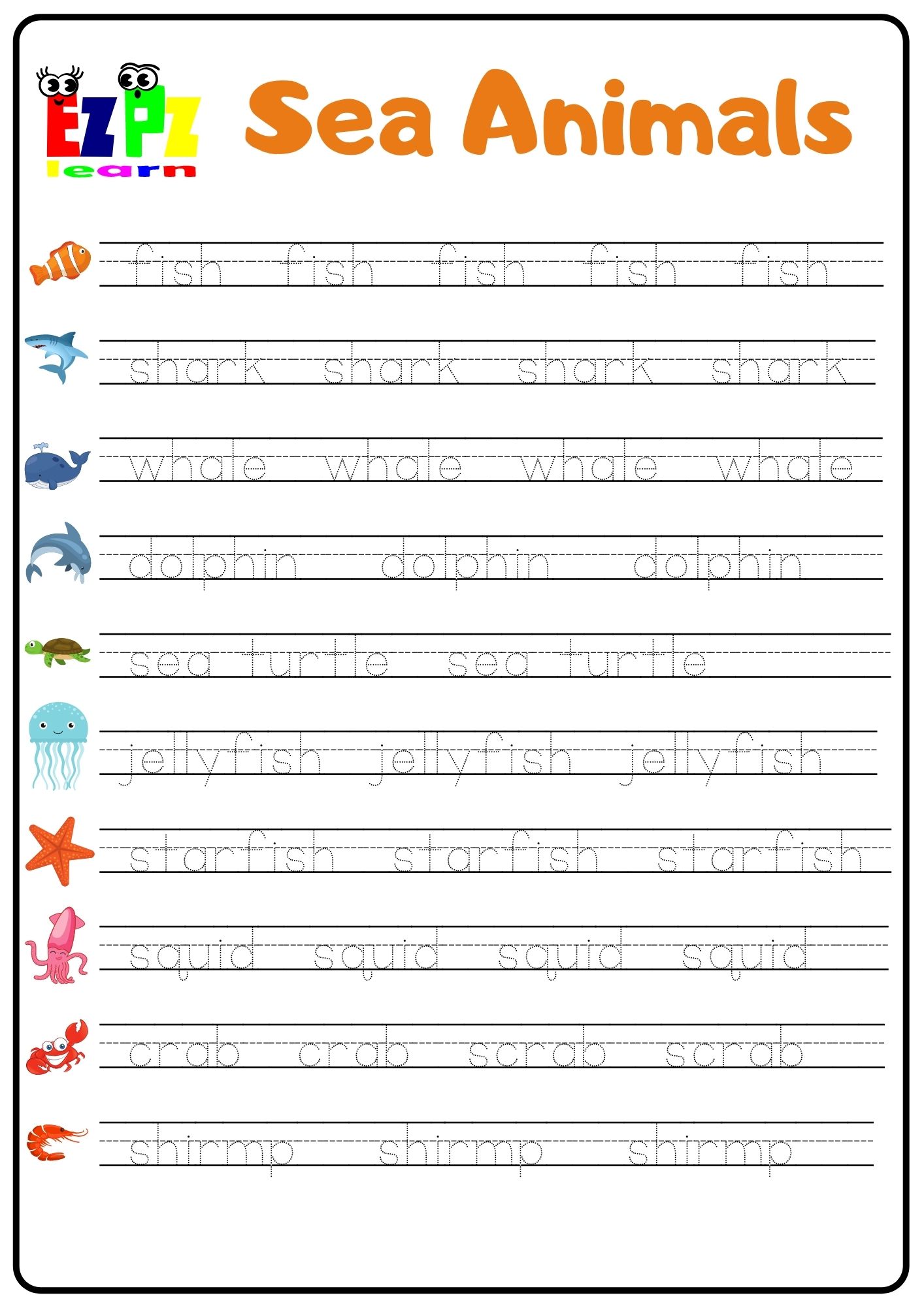 Sea Animals Word Tracing Worksheet